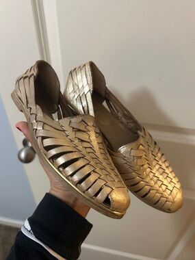 Leather Metallic Gold Woven Slip-On Women’s Flats